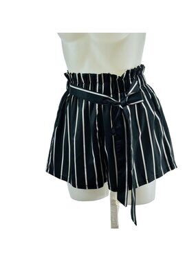 SHEIN Women's Shorts Polyester Black White Striped Tie Belt Stretch Waist Size M